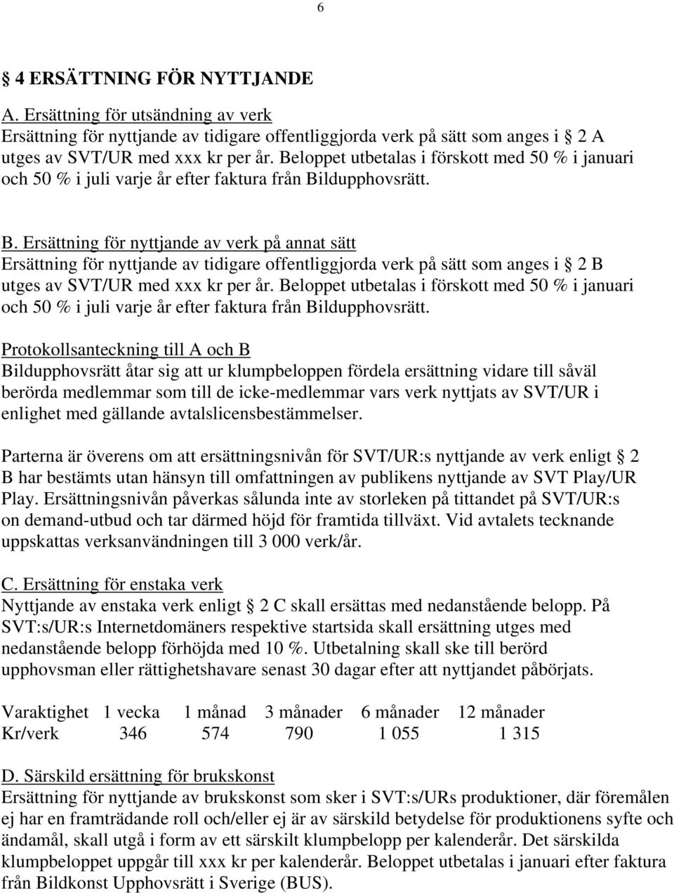 ldupphovsrätt. B. Ersättning för nyttjande av verk på annat sätt Ersättning för nyttjande av tidigare offentliggjorda verk på sätt som anges i 2 B utges av SVT/UR med xxx kr per år. ldupphovsrätt.