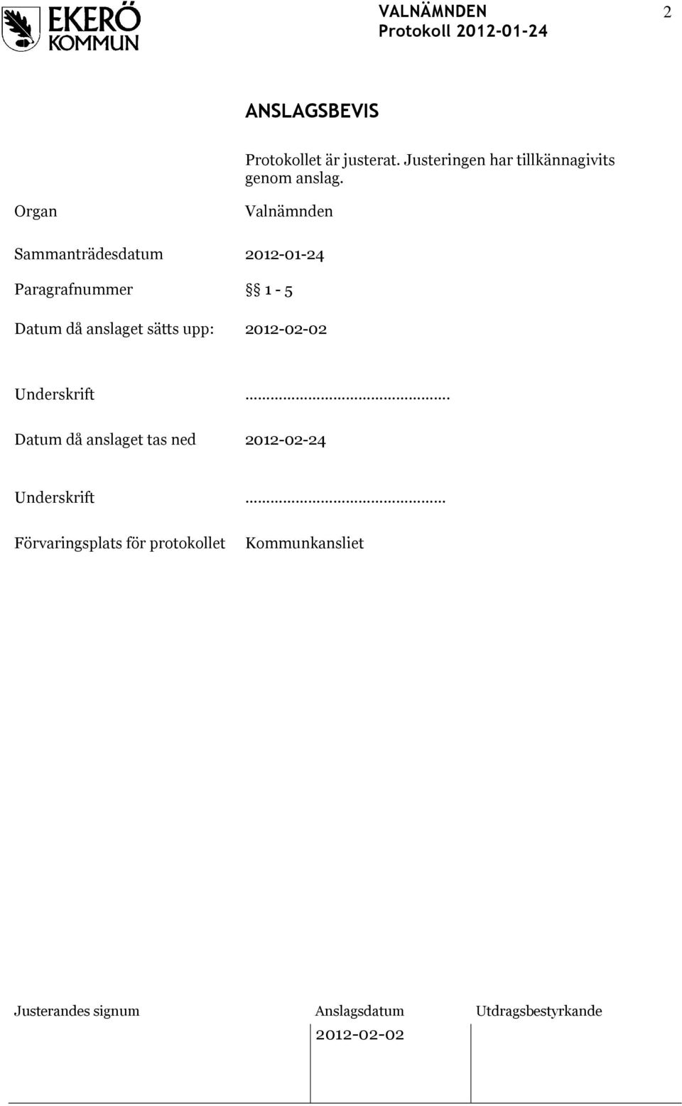 Organ Sammanträdesdatum Paragrafnummer Valnämnden 2012-01-24 1-5 Datum