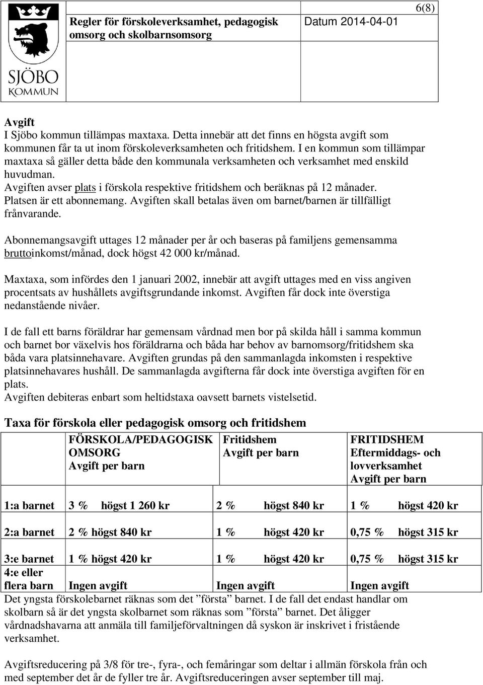 Platsen är ett abonnemang. Avgiften skall betalas även om barnet/barnen är tillfälligt frånvarande.