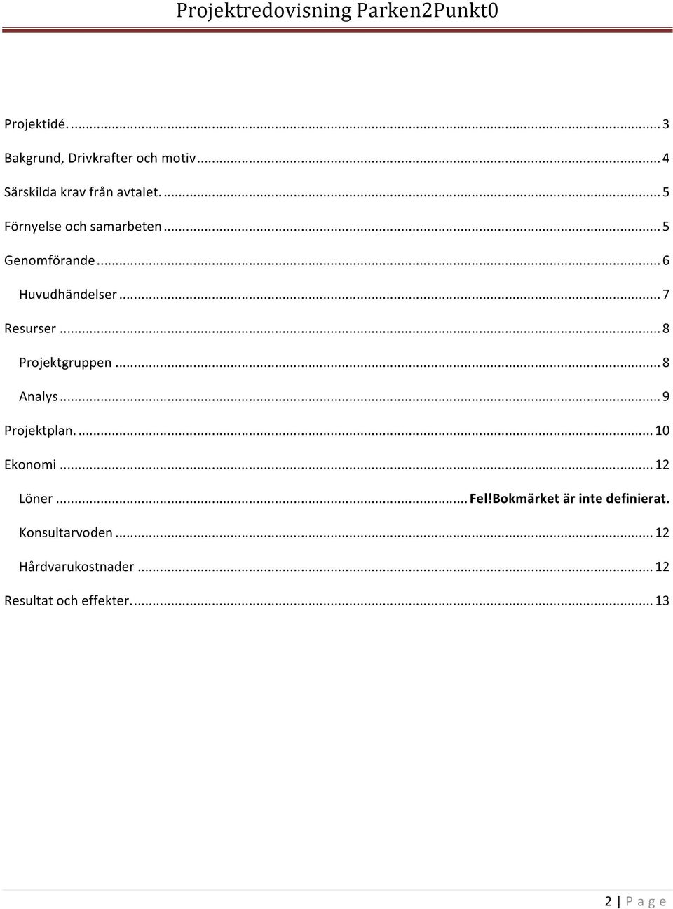 ..7 Resurser...8 Projektgruppen...8 Analys...9 Projektplan... 10 Ekonomi...12 Löner... Fel!