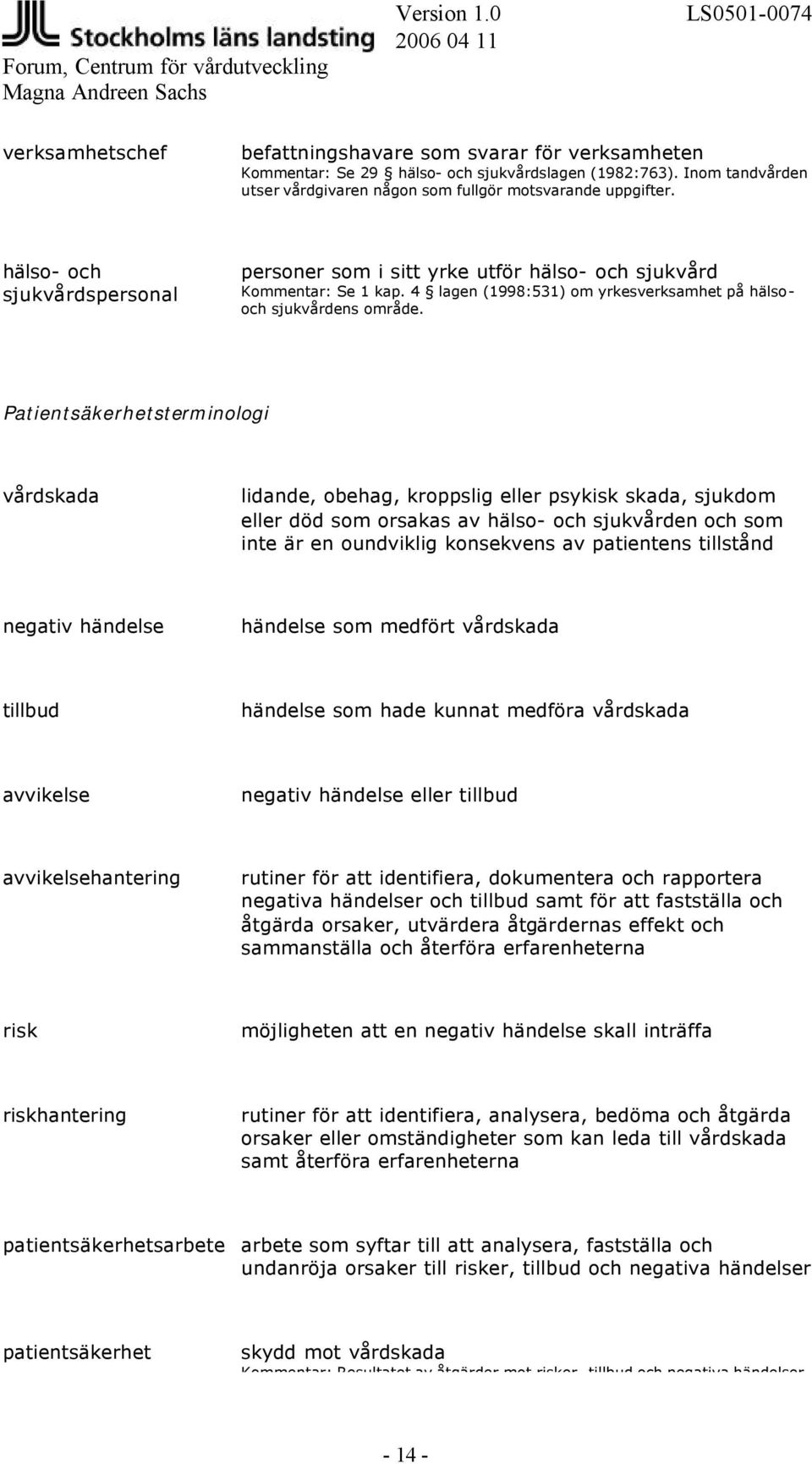 Patientsäkerhetsterminologi vårdskada lidande, obehag, kroppslig eller psykisk skada, sjukdom eller död som orsakas av hälso- och sjukvården och som inte är en oundviklig konsekvens av patientens