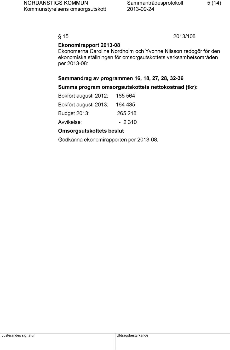 programmen 16, 18, 27, 28, 32-36 Summa program omsorgsutskottets nettokostnad (tkr): Bokfört augusti 2012: 165 564