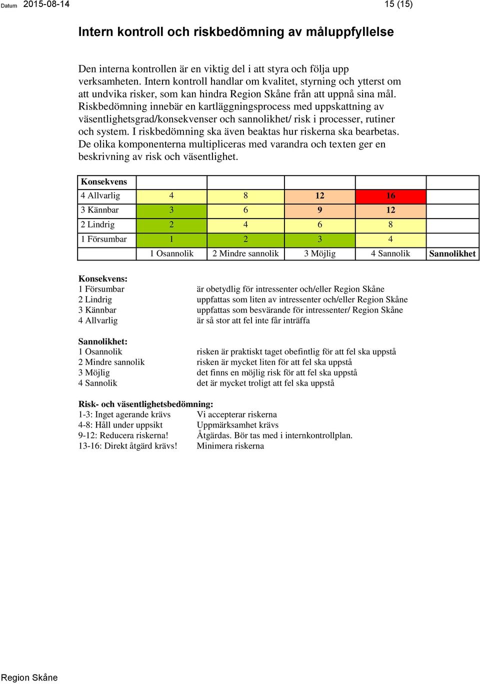 Riskbedömning innebär en kartläggningsprocess med uppskattning av väsentlighetsgrad/konsekvenser och sannolikhet/ risk i processer, rutiner och system.