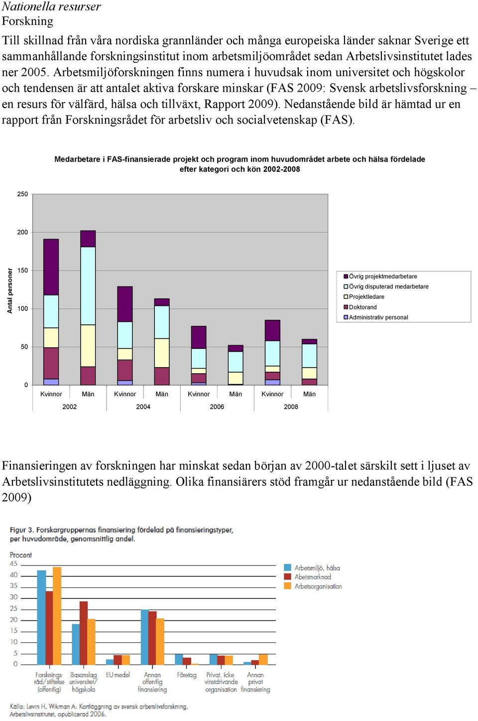 Arbetsmiljöforskningen finns numera i huvudsak inom universitet och högskolor och tendensen är att antalet aktiva forskare minskar (FAS 2009: Svensk arbetslivsforskning en resurs för välfärd, hälsa