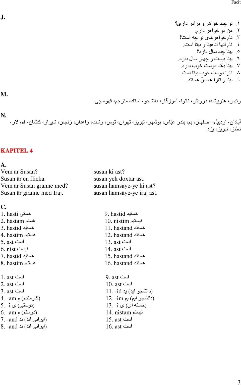 آبادان اردبیل اصفهان بم بندر عب اس بوشهر تبریز تهران توس رشت زاهدان زنجان شیراز کاشان قم الر نطنز نیریز یزد. KAPITEL 4 A. Vem är Susan? Susan är en flicka. Vem är Susan granne med?