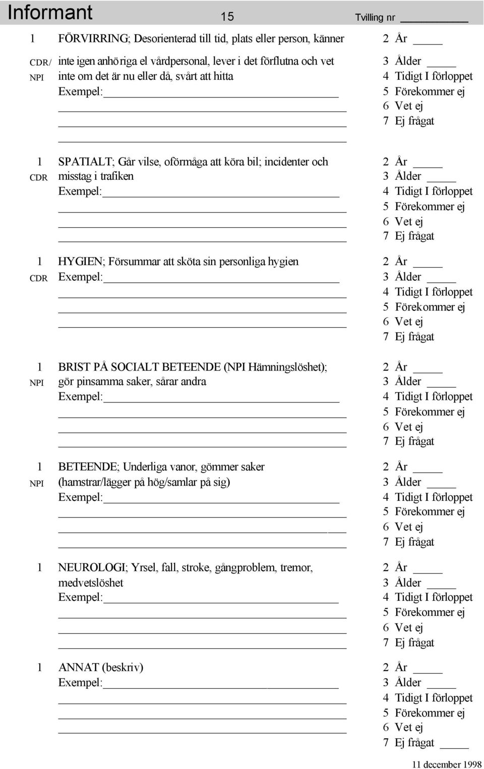 I förloppet 5 Förekommer ej 7 Ej frågat 1 HYGIEN; Försummar att sköta sin personliga hygien 2 År CDR Exempel: 3 Ålder 4 Tidigt I förloppet 5 Förekommer ej 7 Ej frågat 1 BRIST PÅ SOCIALT BETEENDE (NPI