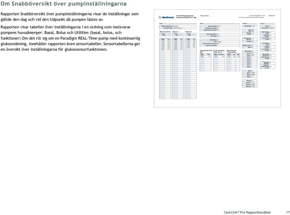 med kontinuerlig glukosmätning, innehåller rapporten även sensortabeller. Sensortabellerna ger en översikt över inställningarna för glukossensorfunktionen.