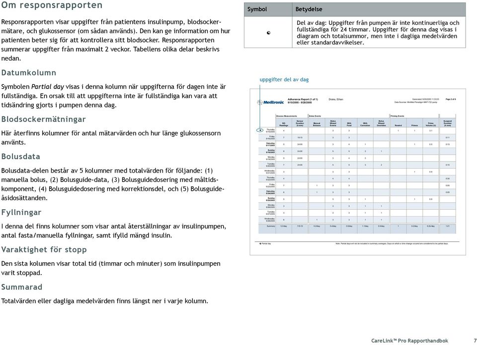 Symbol Betydelse Del av dag: Uppgifter från pumpen är inte kontinuerliga och fullständiga för 2 timmar.