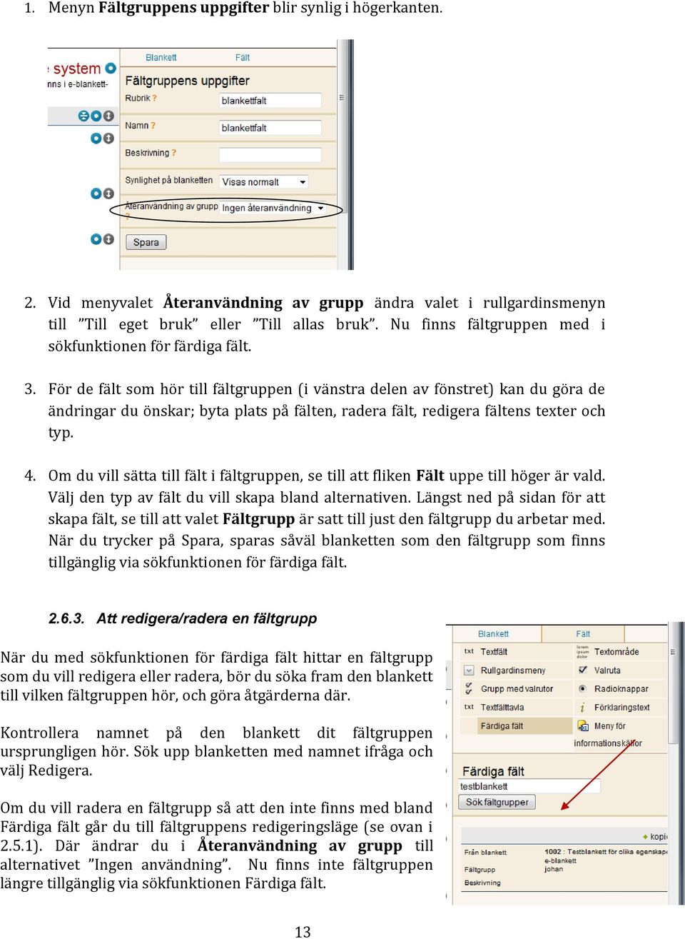 För de fält som hör till fältgruppen (i vänstra delen av fönstret) kan du göra de ändringar du önskar; byta plats på fälten, radera fält, redigera fältens texter och typ. 4.