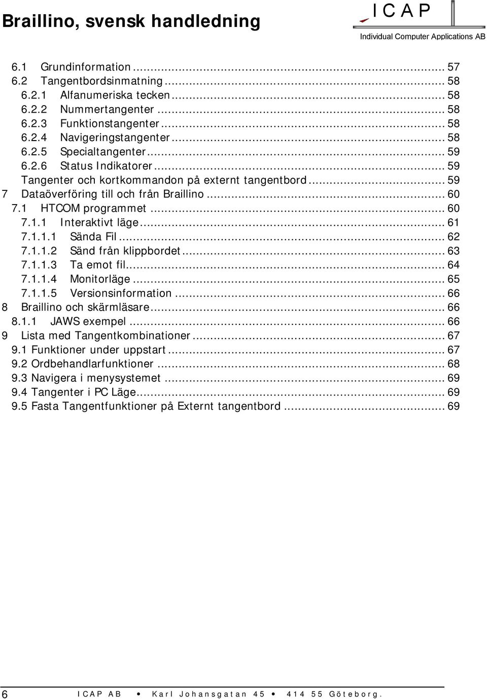 1.1.1 Sända Fil... 62 7.1.1.2 Sänd från klippbordet... 63 7.1.1.3 Ta emot fil... 64 7.1.1.4 Monitorläge... 65 7.1.1.5 Versionsinformation... 66 8 Braillino och skärmläsare... 66 8.1.1 JAWS exempel.