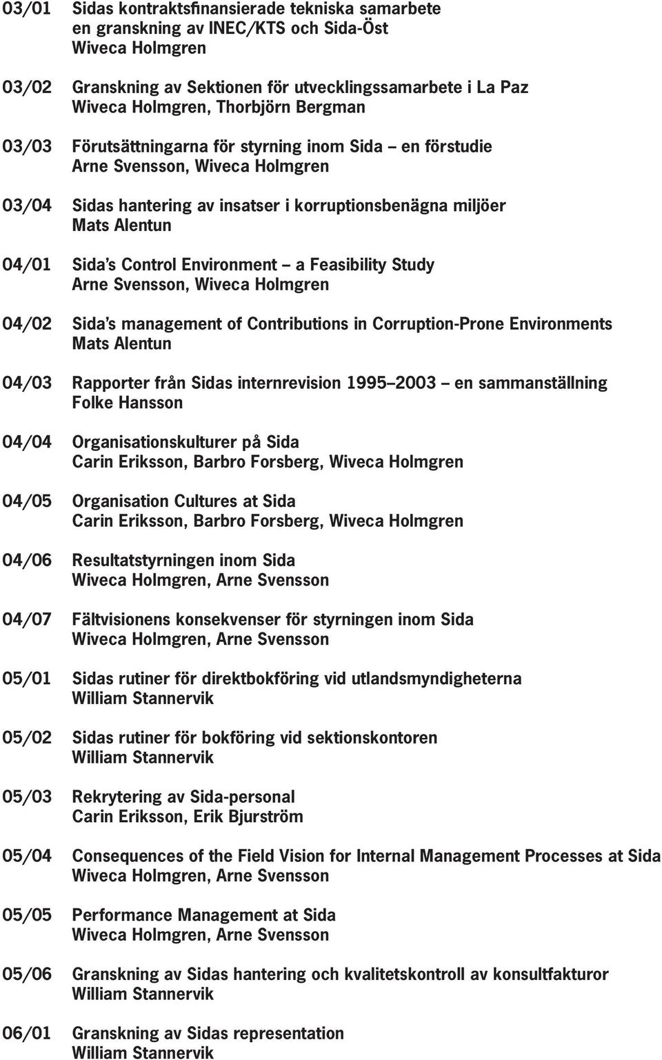 Environment a Feasibility Study Arne Svensson, Wiveca Holmgren 04/02 Sida s management of Contributions in Corruption-Prone Environments Mats Alentun 04/03 Rapporter från Sidas internrevision 1995