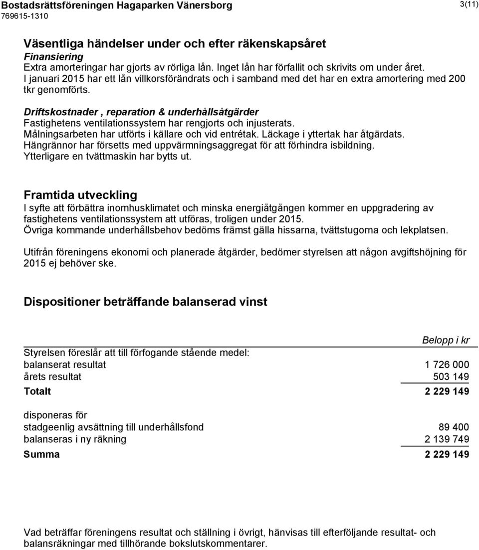 Driftskostnader, reparation & underhållsåtgärder Fastighetens ventilationssystem har rengjorts och injusterats. Målningsarbeten har utförts i källare och vid entrétak.