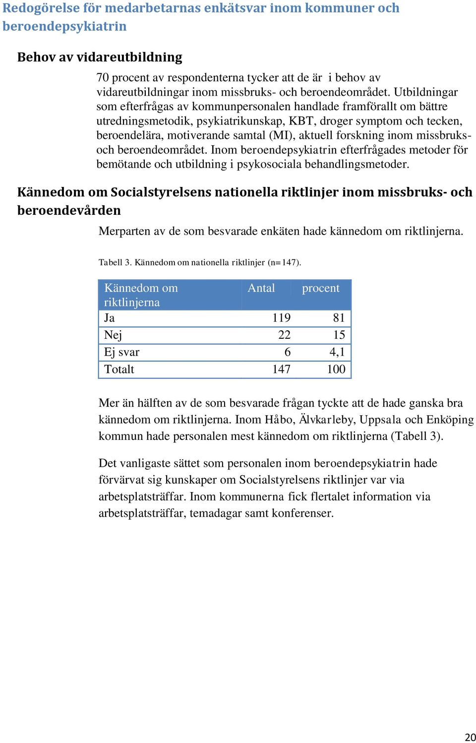 Utbildningar som efterfrågas av kommunpersonalen handlade framförallt om bättre utredningsmetodik, psykiatrikunskap, KBT, droger symptom och tecken, beroendelära, motiverande samtal (MI), aktuell