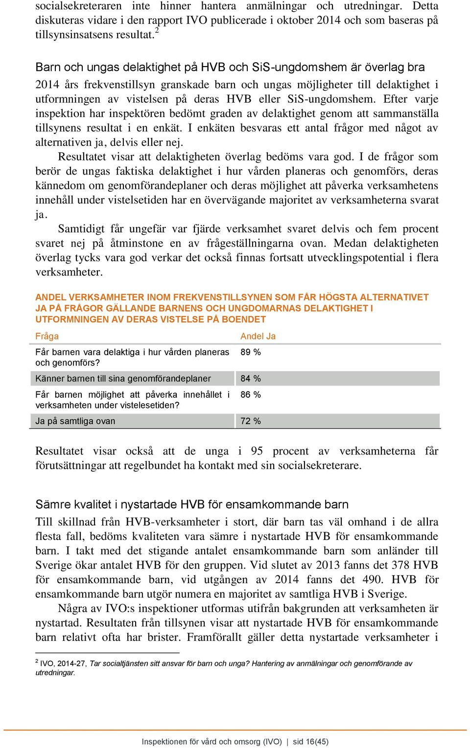 SiS-ungdomshem. Efter varje inspektion har inspektören bedömt graden av delaktighet genom att sammanställa tillsynens resultat i en enkät.