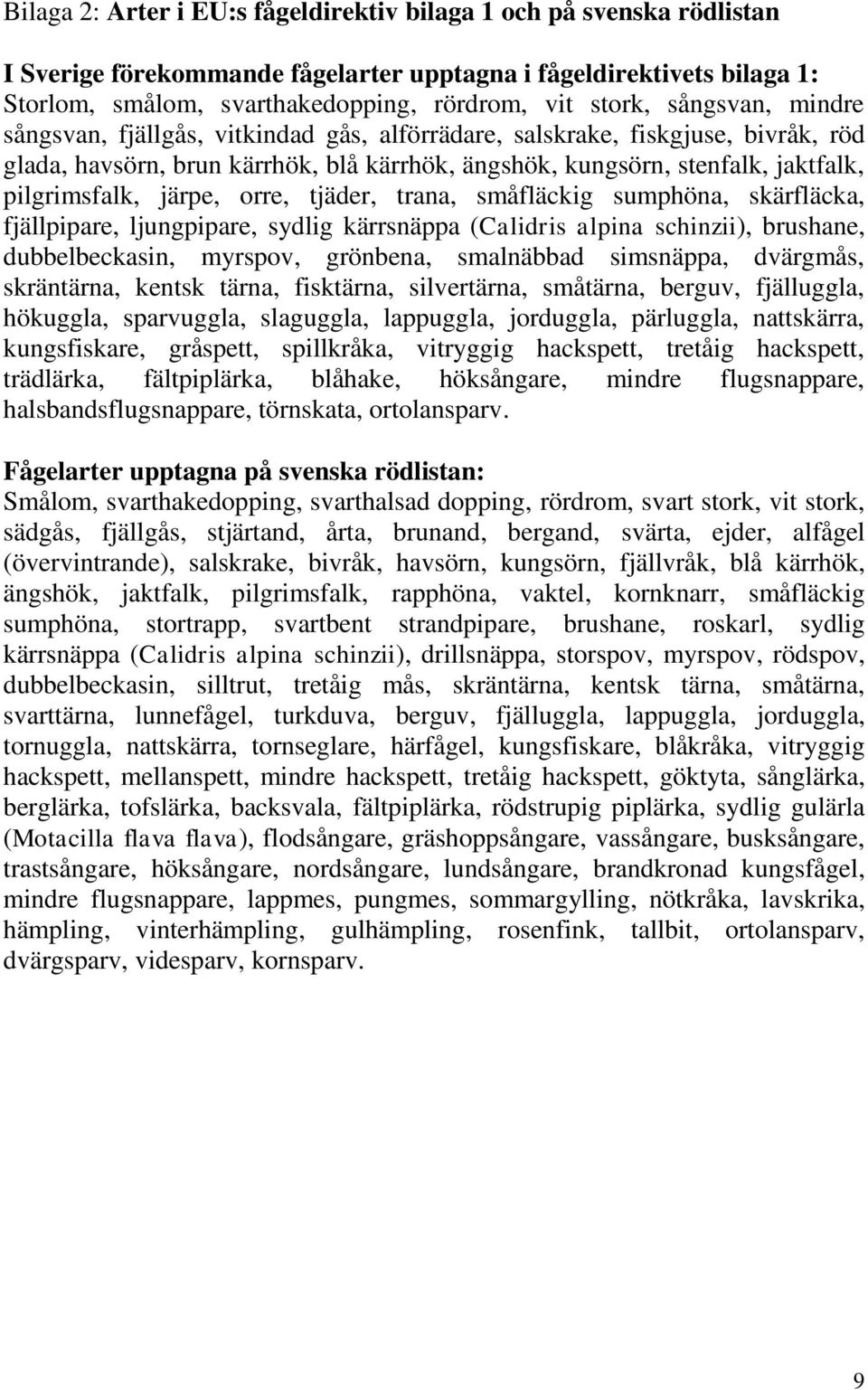 järpe, orre, tjäder, trana, småfläckig sumphöna, skärfläcka, fjällpipare, ljungpipare, sydlig kärrsnäppa (Calidris alpina schinzii), brushane, dubbelbeckasin, myrspov, grönbena, smalnäbbad simsnäppa,