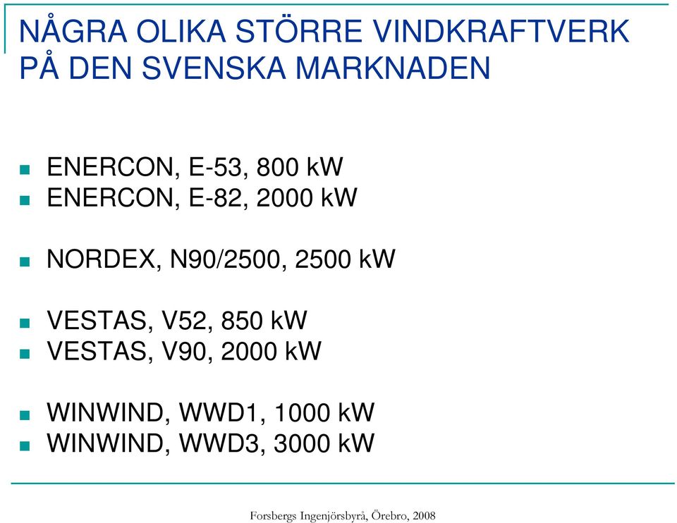 kw NORDEX, N90/2500, 2500 kw VESTAS, V52, 850 kw