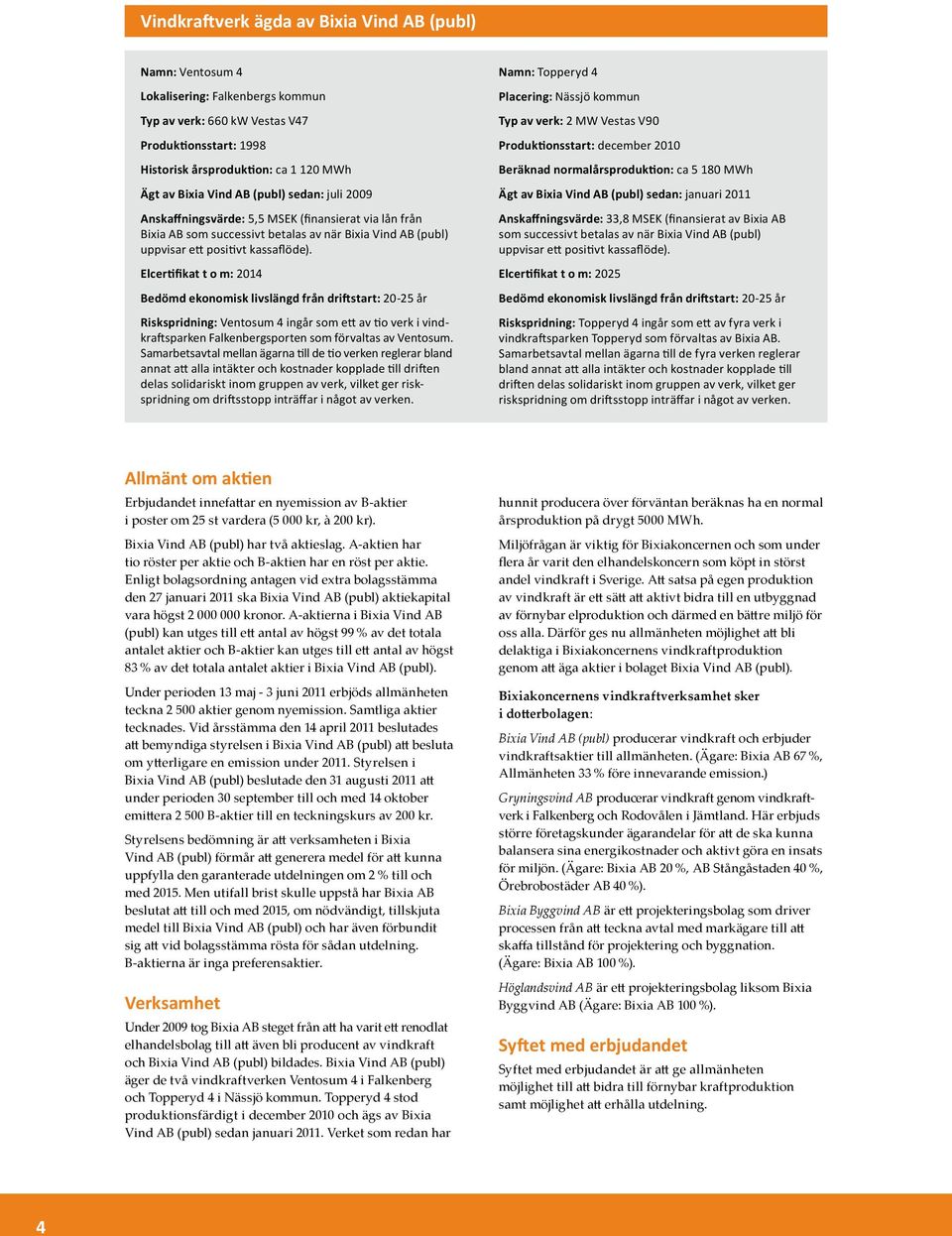 Elcertifikat t o m: 2014 Bedömd ekonomisk livslängd från driftstart: 20-25 år Riskspridning: Ventosum 4 ingår som ett av tio verk i vindkraftsparken Falkenbergsporten som förvaltas av Ventosum.