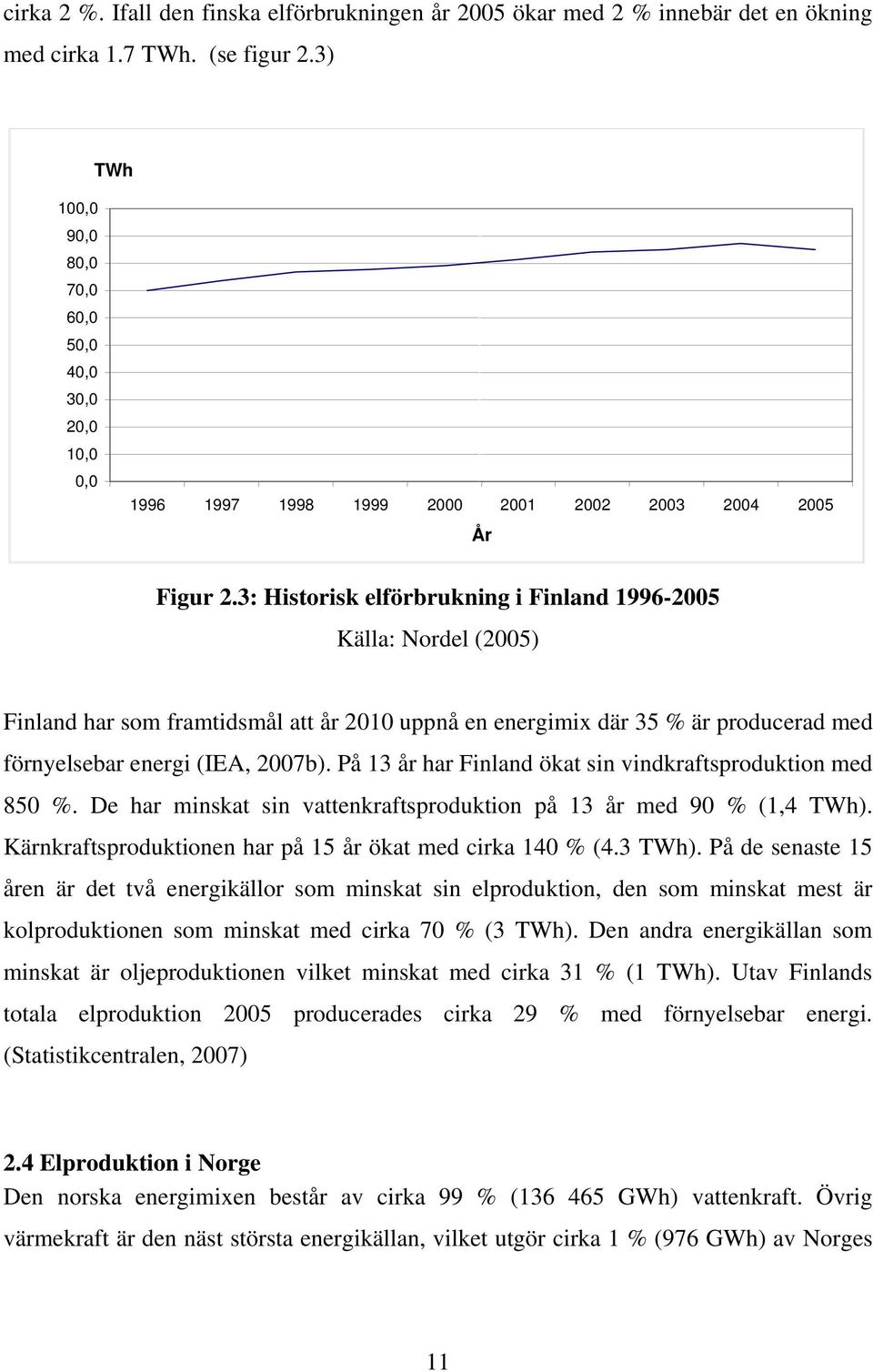 3: Historisk elförbrukning i Finland 1996-2005 Källa: Nordel (2005) Finland har som framtidsmål att år 2010 uppnå en energimix där 35 % är producerad med förnyelsebar energi (IEA, 2007b).