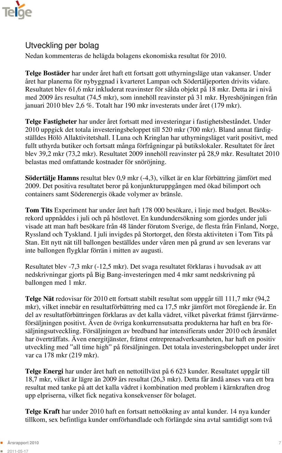 Detta är i nivå med 2009 års resultat (74,5 mkr), som innehöll reavinster på 31 mkr. Hyreshöjningen från januari 2010 blev 2,6 %. Totalt har 190 mkr investerats under året (179 mkr).