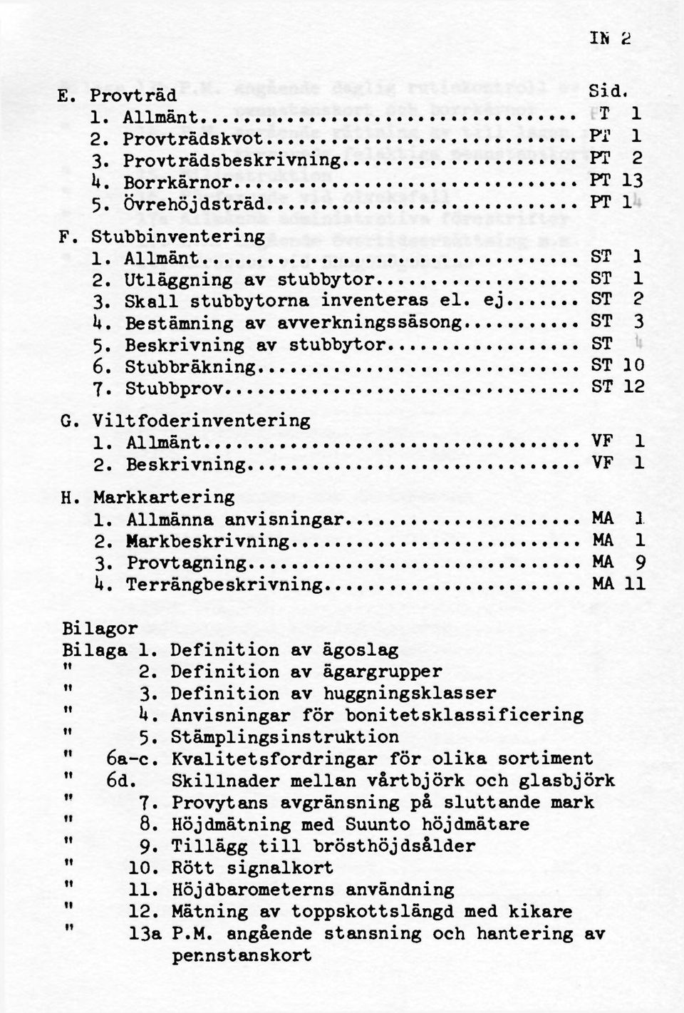 Viltfoderinventering 1. Allmänt VF 1 2. Beskrivning VF 1 H. Markkartering 1. Allmänna anvisningar MA 1 2. Markbeskrivning MA 1 3. Provtagning MA 9 1*. Terrängbeskrivning MA 11 Bilagor Bilaga 1.