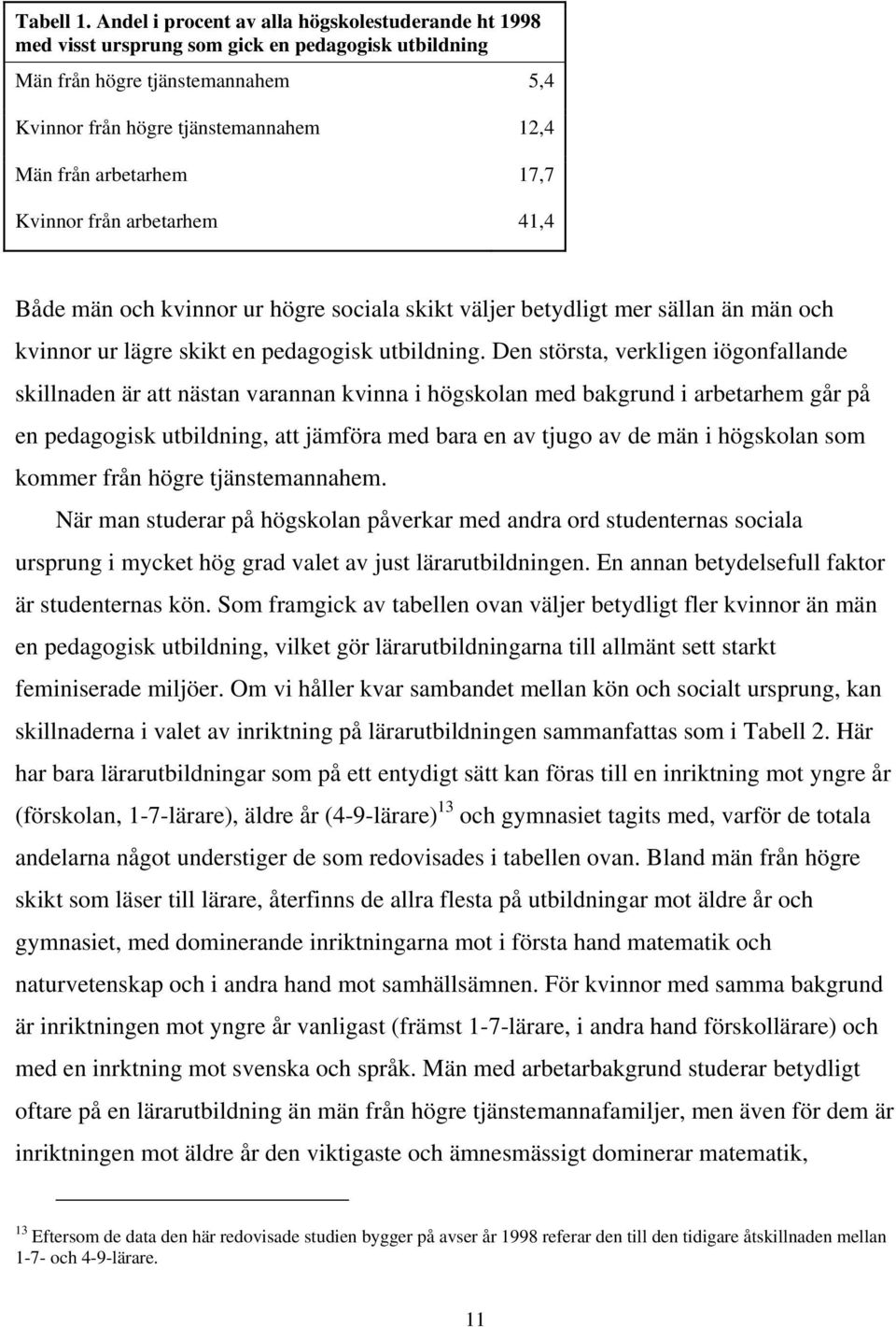 17,7 Kvinnor från arbetarhem 41,4 Både män och kvinnor ur högre sociala skikt väljer betydligt mer sällan än män och kvinnor ur lägre skikt en pedagogisk utbildning.