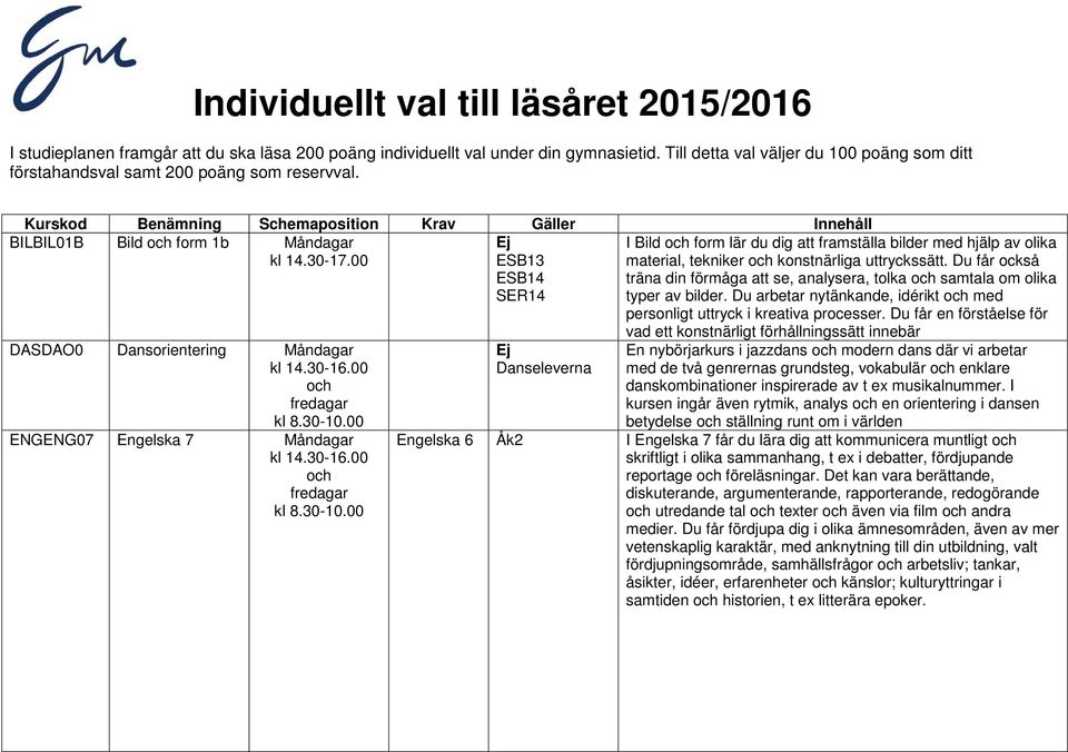 Kurskod Benämning Schemaposition Krav Gäller Innehåll BILBIL01B Bild form 1b DASDAO0 Dansorientering ENGENG07 Engelska 7 ESB13 ESB14 Danseleverna I Bild form lär du dig att framställa bilder med
