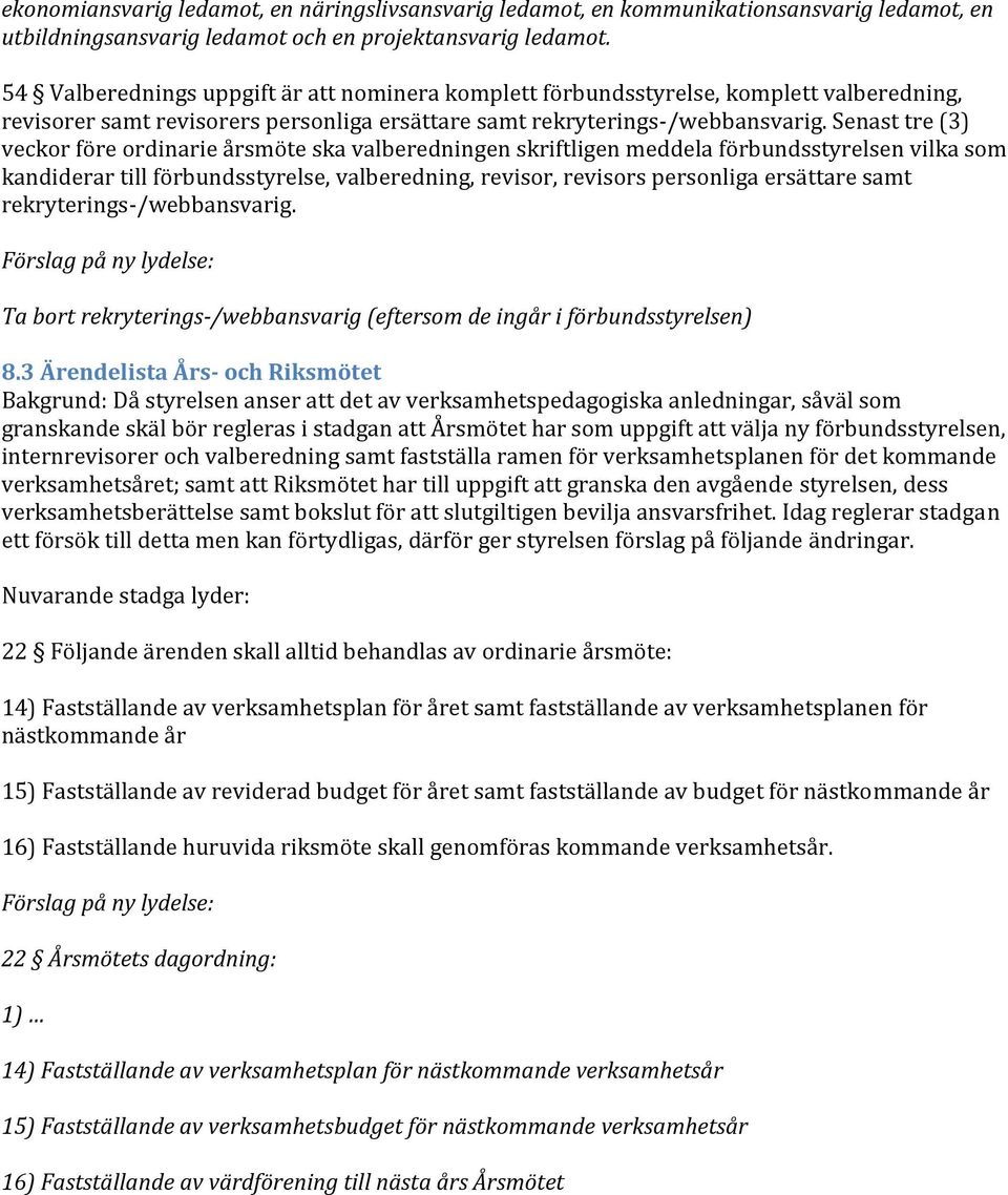 Senast tre (3) veckor före ordinarie årsmöte ska valberedningen skriftligen meddela förbundsstyrelsen vilka som kandiderar till förbundsstyrelse, valberedning, revisor, revisors personliga ersättare