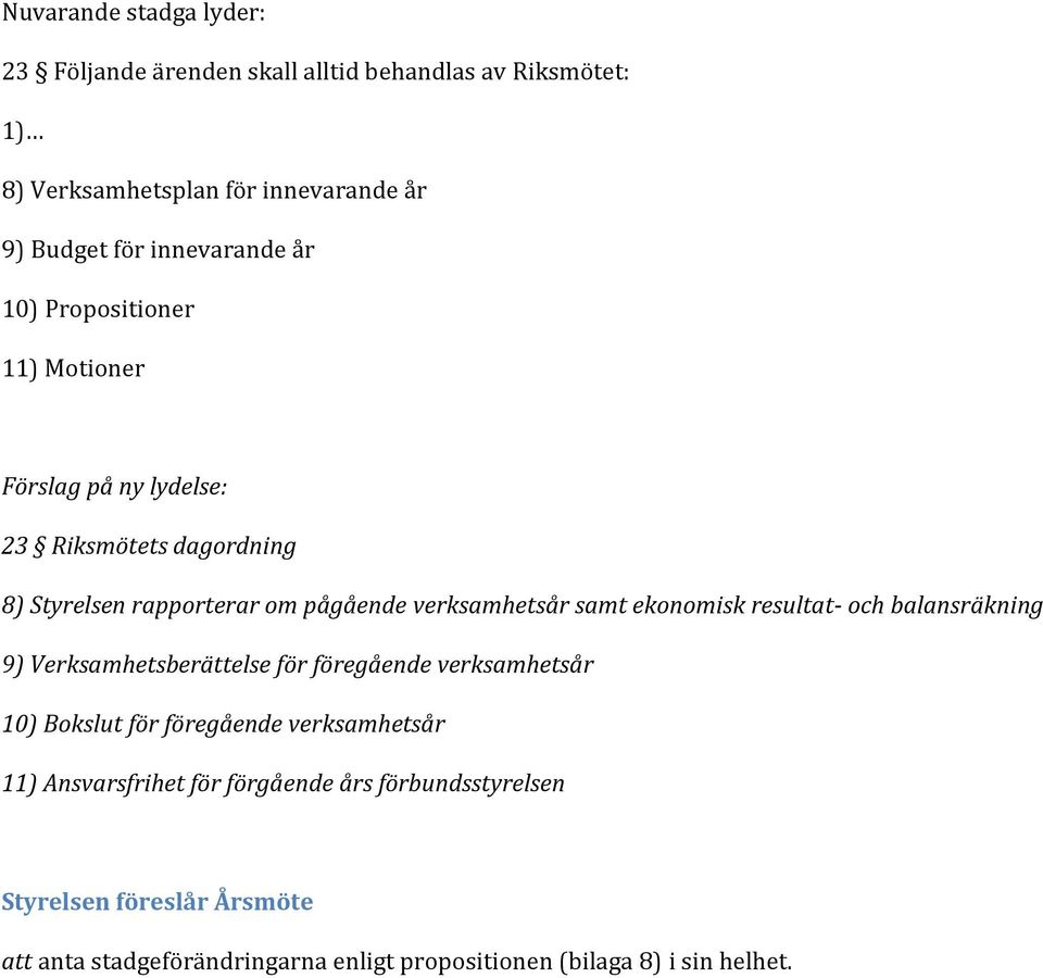 verksamhetsår samt ekonomisk resultat- och balansräkning 9) Verksamhetsberättelse för föregående verksamhetsår 10) Bokslut för föregående