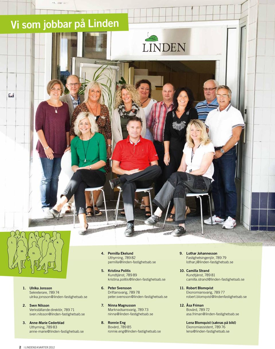 jonsson@linden-fastighetsab.se 2. Sven Nilsson Verkställande direktör, 789 71 sven.nilsson@linden-fastighetsab.se 3. Anne-Marie Cederblad Uthyrning, 789 83 anne-marie@linden-fastighetsab.se 6.