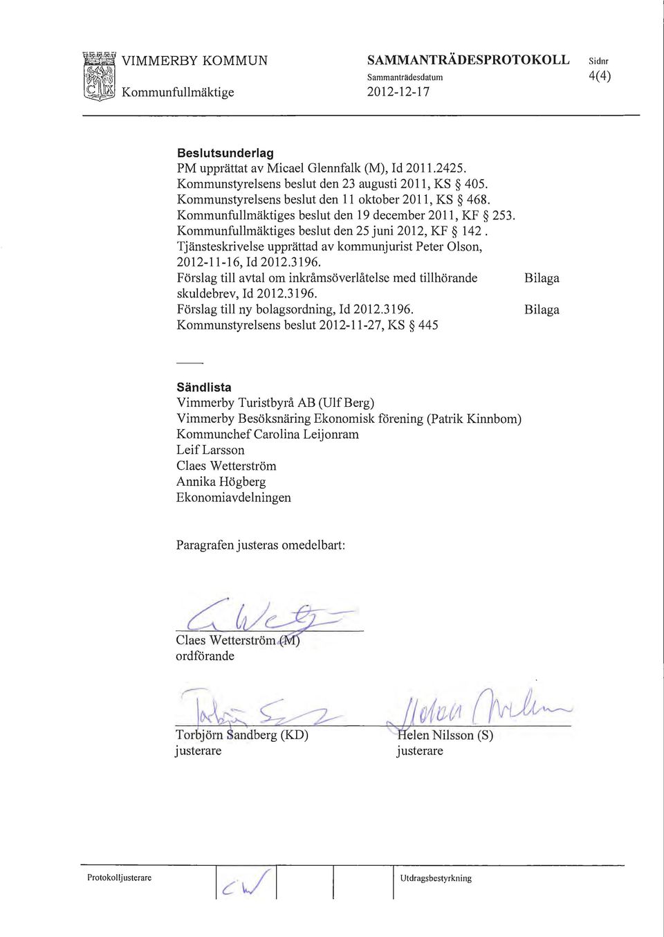 Tjänsteskrivelse upprättad av kommunjurist Peter Olson, 2012-11-16, Id 2012.3196. Förslag till avtal om inkråmsöverlåtelse med tillhörande skuldebrev, Id 2012.3196. Förslag till ny bolagsordning, Id 2012.