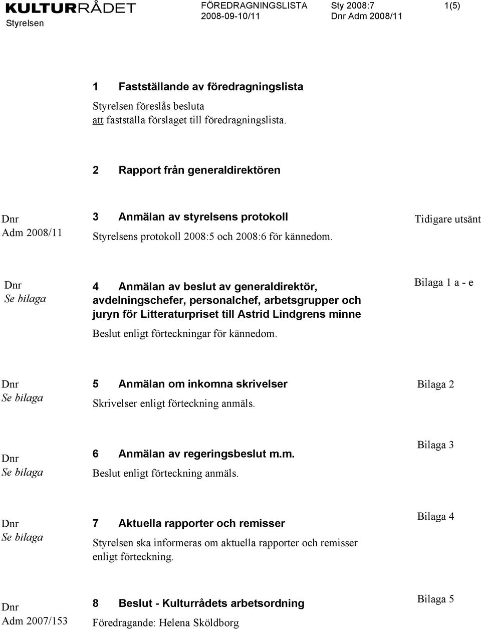 Tidigare utsänt 4 Anmälan av beslut av generaldirektör, avdelningschefer, personalchef, arbetsgrupper och juryn för Litteraturpriset till Astrid Lindgrens minne Beslut enligt förteckningar för