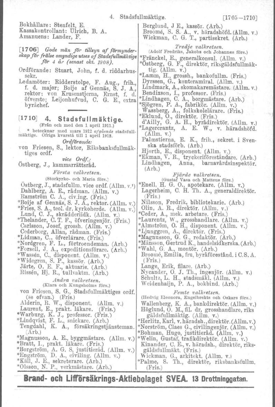 'ränckel, E., generalkonsul, (Allm. v.) för 4 ar (senast okt. ly08). *Östberg, G. F., direktör, riksgäldsfullmäk- Ordförande: Stuart, John, f. d. riddarhus- tig. (Allm, v.). sekr. "Lamm, H., grossh.