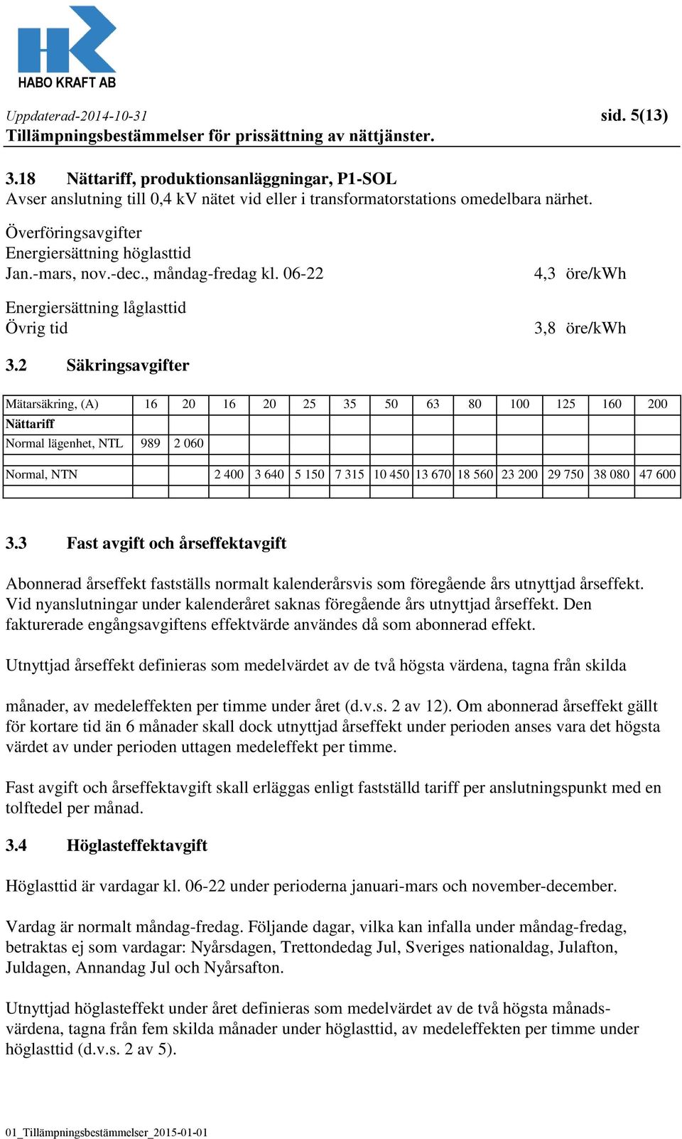 2 Säkringsavgifter Mätarsäkring, (A) 16 20 16 20 25 35 50 63 80 100 125 160 200 Nättariff Normal lägenhet, NTL 989 2 060 Normal, NTN 2 400 3 640 5 150 7 315 10 450 13 670 18 560 23 200 29 750 38 080