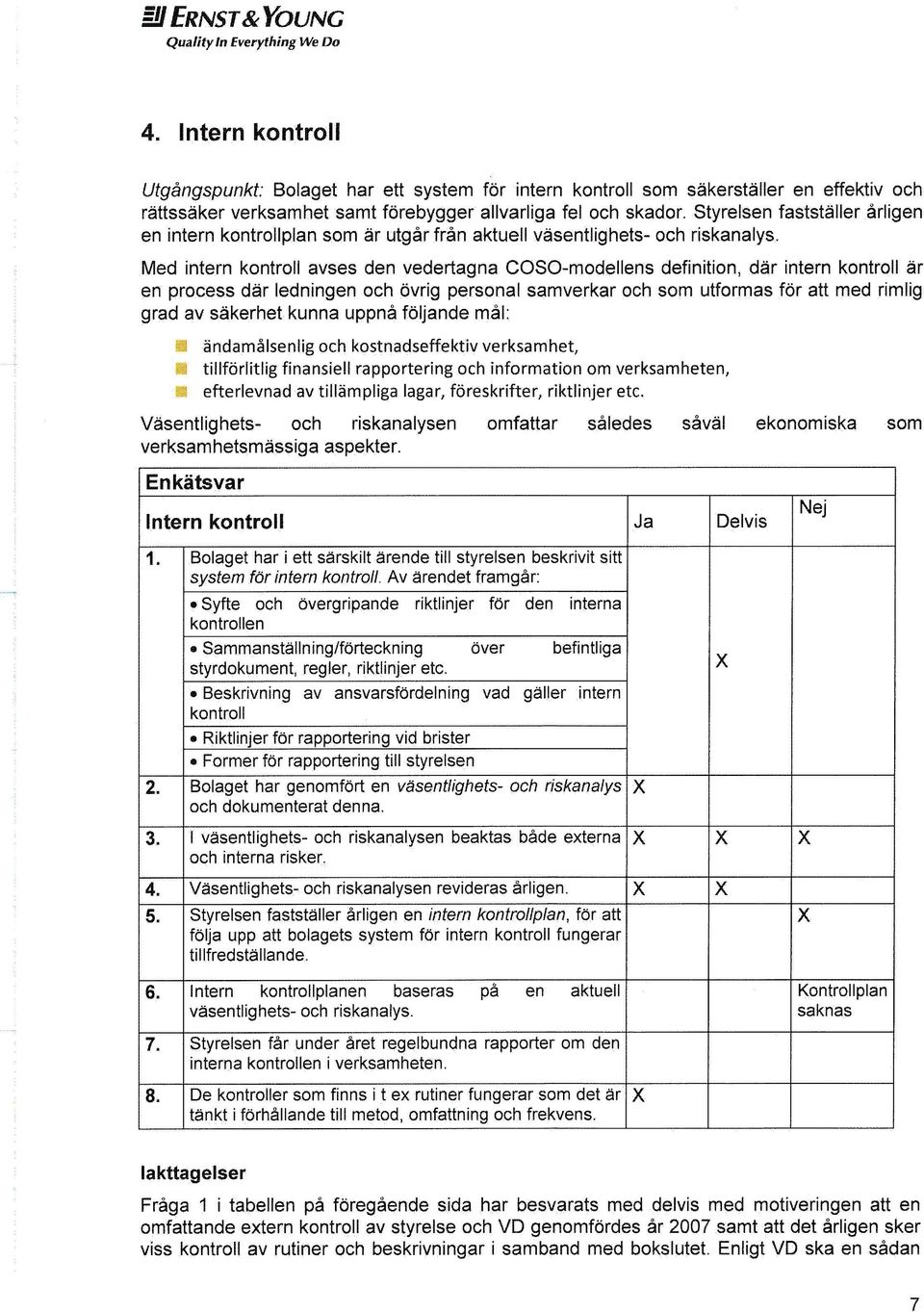Med intern kontroll avses den vedertagna COSO-modellens definition, där intern kontroll är en process där ledningen och övrig personal samverkar och som utformas för att med rimlig grad av säkerhet