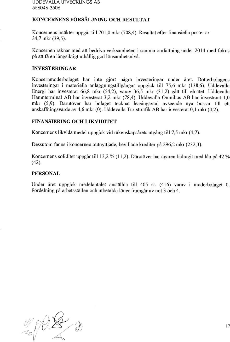 INVESTERINGAR Kncernmderblaget har inte gjrt några investeringar under året. Dtterblagens investeringar i materiella anläggningstillgångar uppgick till 75,6 mkr (138,6).