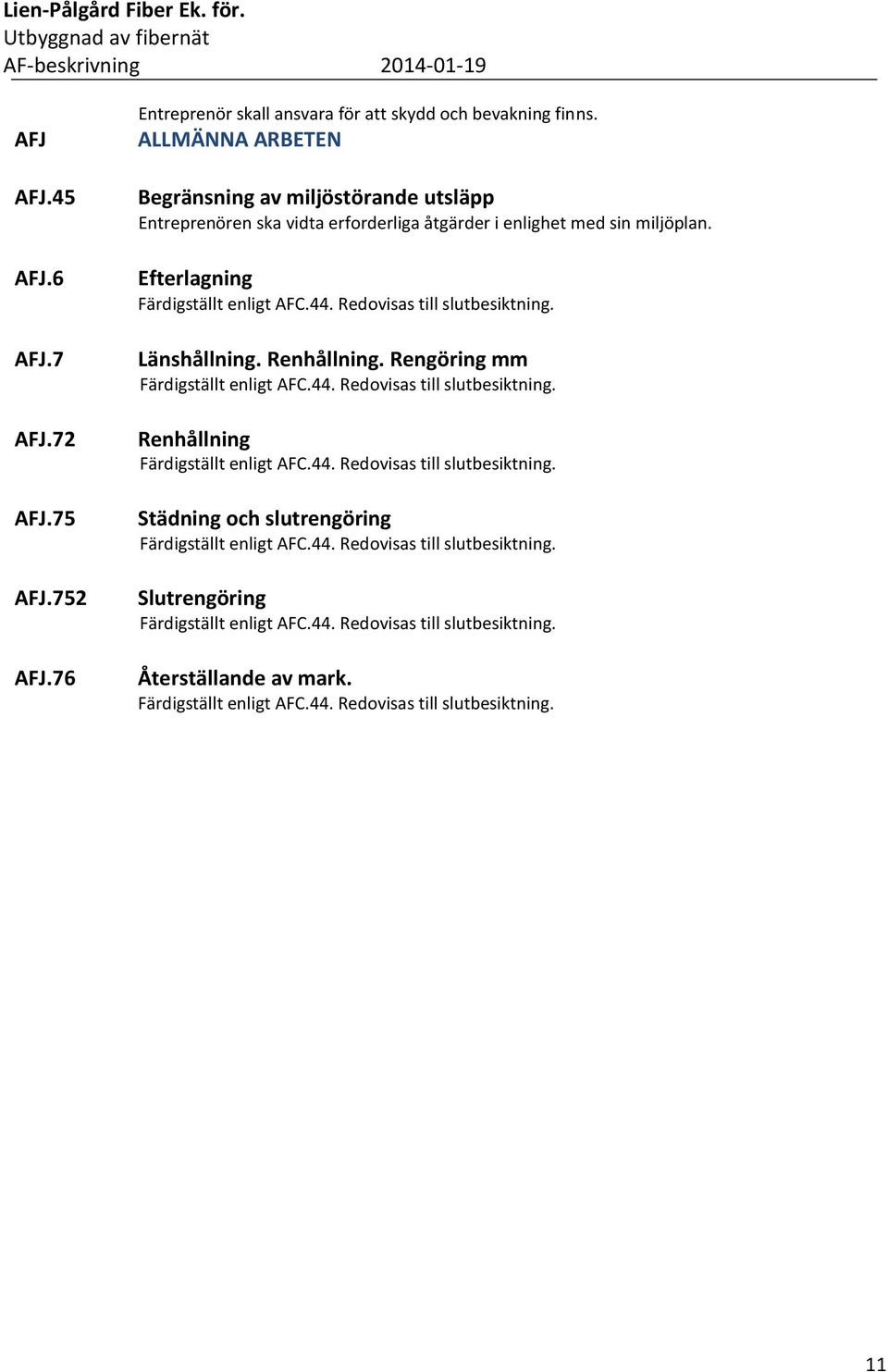 Redovisas till slutbesiktning. Länshållning. Renhållning. Rengöring mm Färdigställt enligt AFC.44. Redovisas till slutbesiktning. Renhållning Färdigställt enligt AFC.44. Redovisas till slutbesiktning. Städning och slutrengöring Färdigställt enligt AFC.