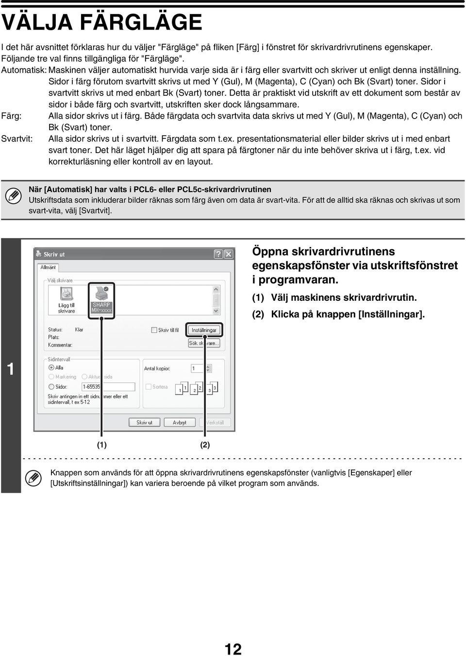 Sidor i färg förutom svartvitt skrivs ut med Y (Gul), M (Magenta), C (Cyan) och Bk (Svart) toner. Sidor i svartvitt skrivs ut med enbart Bk (Svart) toner.