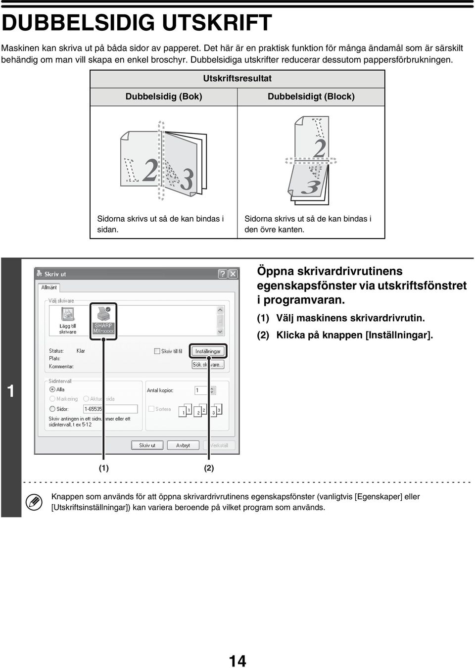 Sidorna skrivs ut så de kan bindas i den övre kanten. Öppna skrivardrivrutinens egenskapsfönster via utskriftsfönstret i programvaran. (1) Välj maskinens skrivardrivrutin.