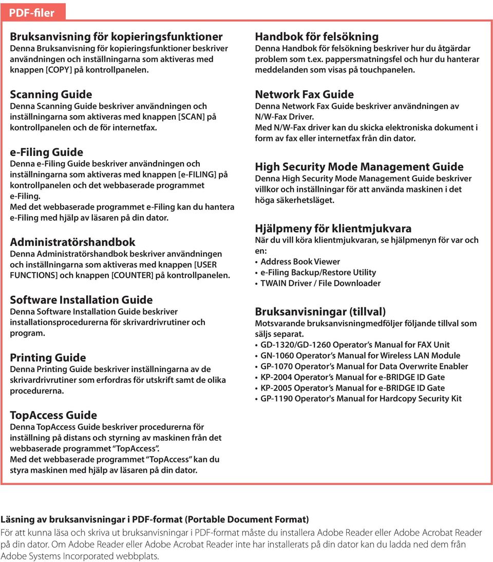 e-filing Guide Denna e-filing Guide beskriver användningen och inställningarna som aktiveras med knappen [e-filing] på kontrollpanelen och det webbaserade programmet e-filing.