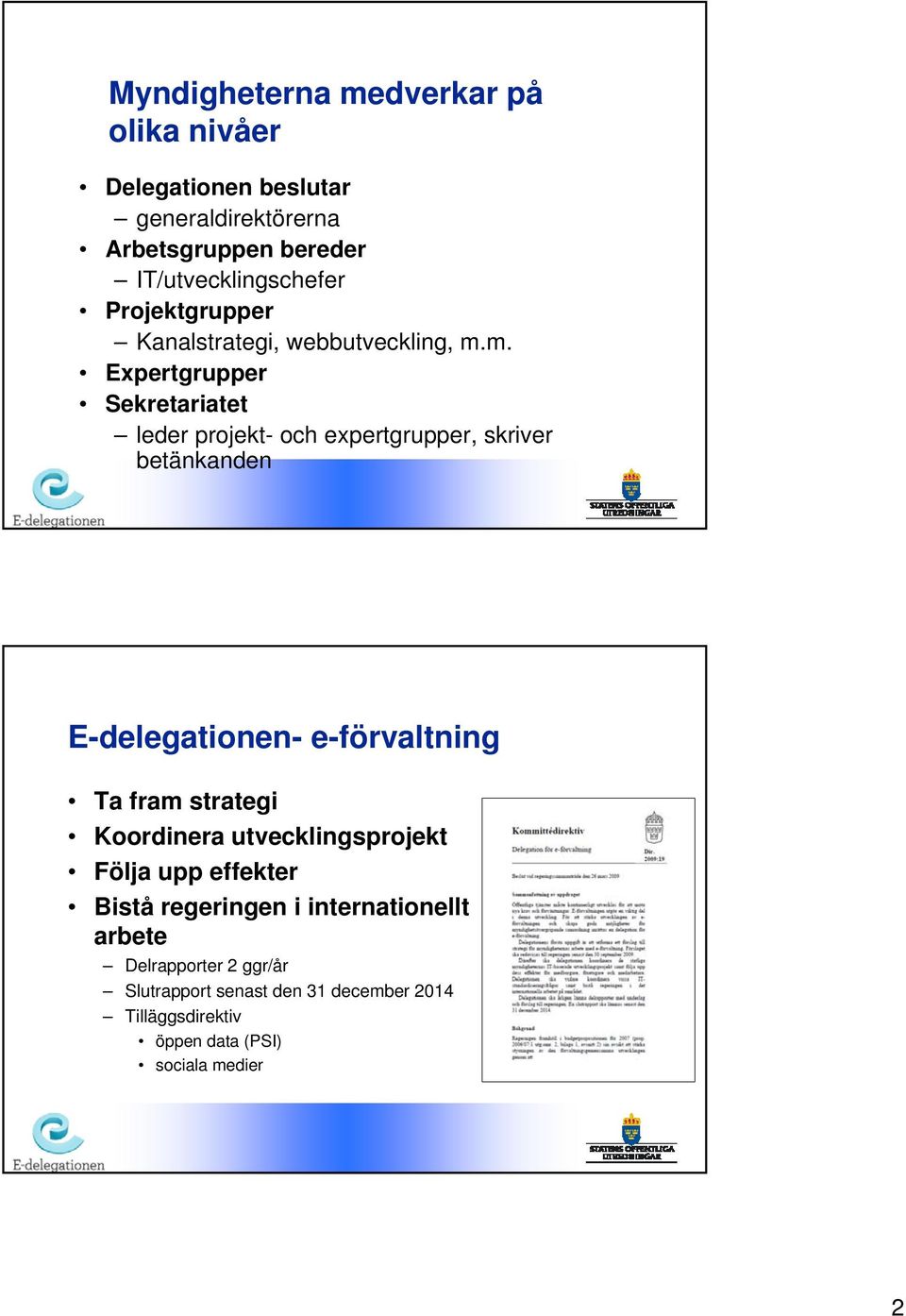 m. Expertgrupper Sekretariatet leder projekt- och expertgrupper, skriver betänkanden - e-förvaltning Ta fram strategi