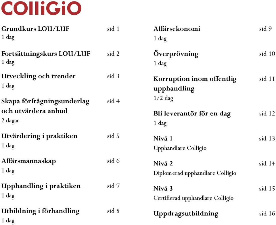 Affärsekonomi sid 9 Överprövning sid 10 Korruption inom offentlig sid 11 upphandling 1/2 dag Bli leverantör för en dag sid 12 Nivå 1