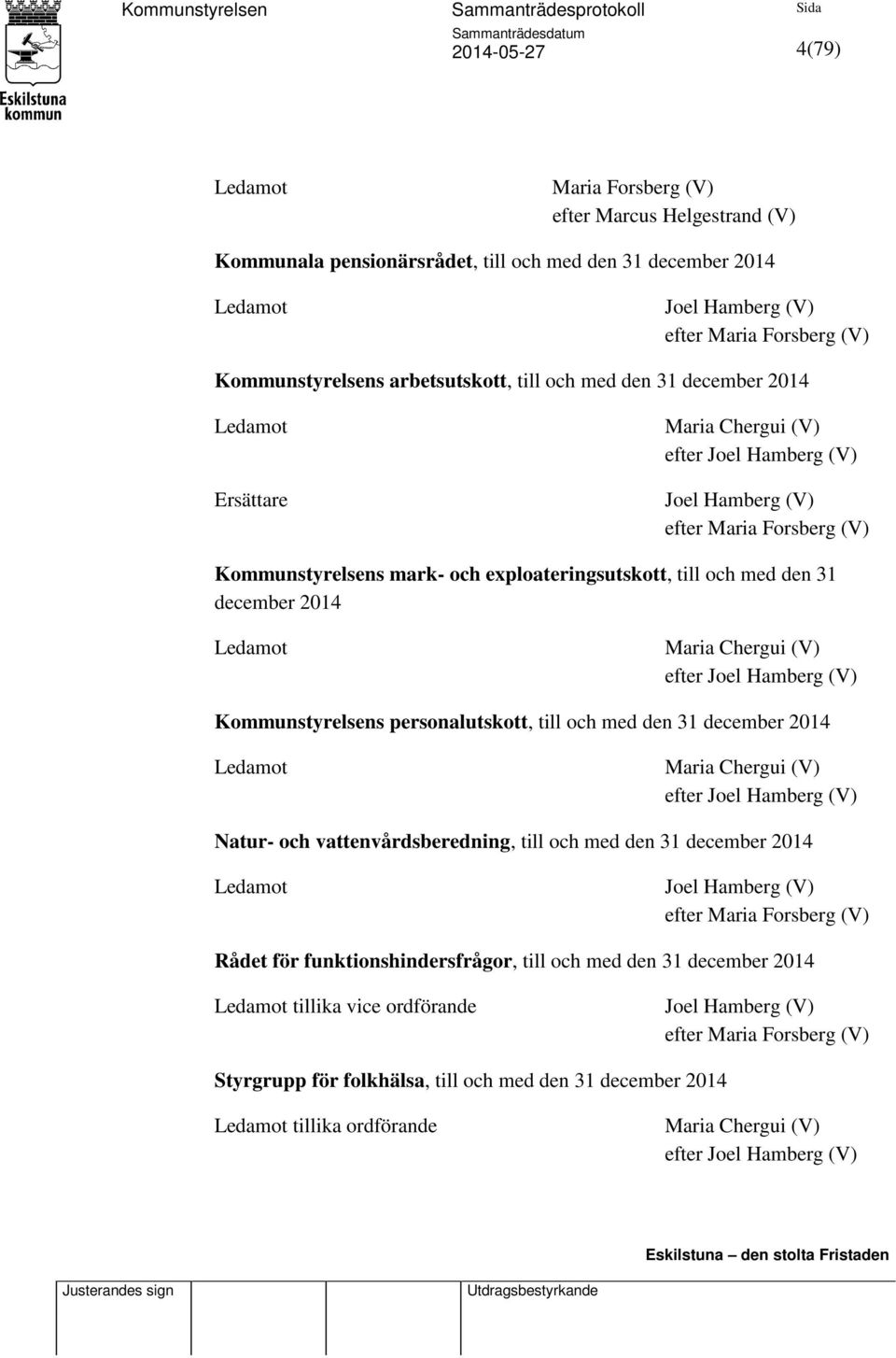 till och med den 31 december 2014 Ledamot Maria Chergui (V) efter Joel Hamberg (V) Kommunstyrelsens personalutskott, till och med den 31 december 2014 Ledamot Maria Chergui (V) efter Joel Hamberg (V)