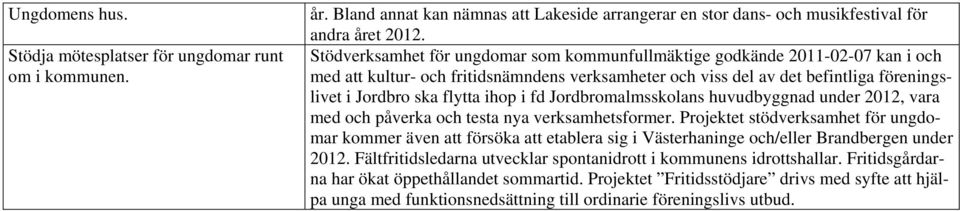 ihop i fd Jordbromalmsskolans huvudbyggnad under 2012, vara med och påverka och testa nya verksamhetsformer.