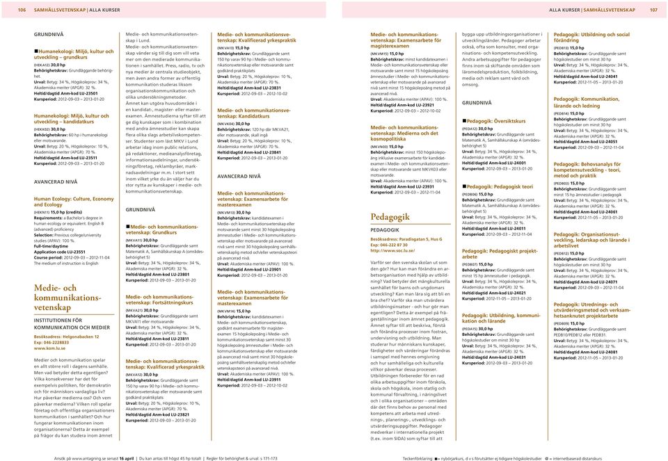 Heltid/dagtid Anm-kod LU-23511 Human Ecology: Culture, Economy and Ecology (HEKN1 15,0 hp (credits) Requirements: a Bachelor s degree in human ecology or equivalent.