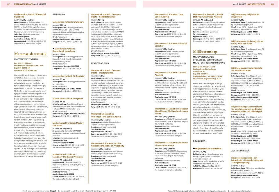 Application code LU-13652 Course period: 2012-09-03 2013-01-18 Matematisk statistik: Examensarbete kandidatexamen (MASK0 15,0 hp kunskaper motsvarande kurserna MATA11 Matematik 1 alfa, MATA12