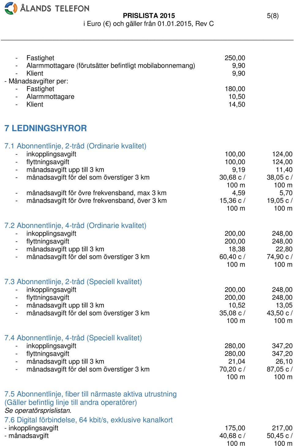 1 Abonnentlinje, 2-tråd (Ordinarie kvalitet) - inkopplingsavgift 100,00 124,00 - flyttningsavgift 100,00 124,00 - månadsavgift upp till 3 km 9,19 11,40 - månadsavgift för del som överstiger 3 km