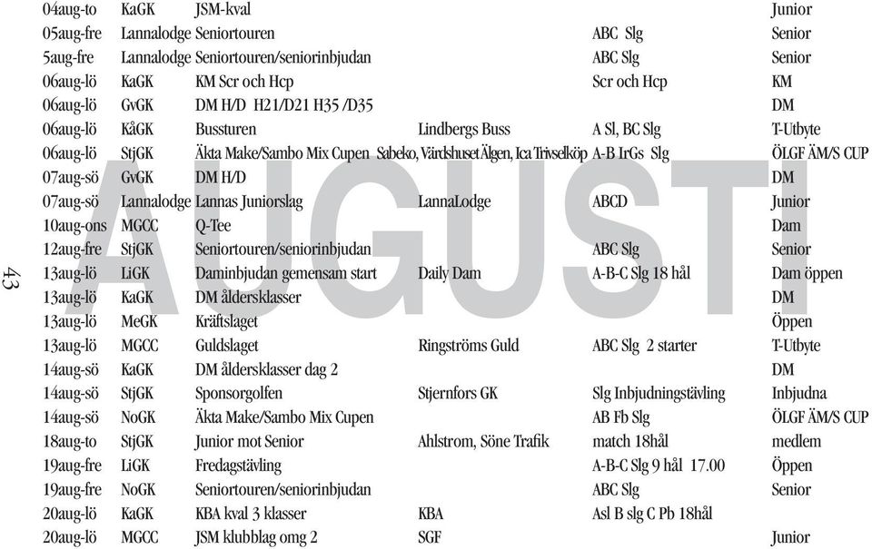 CUP 07aug-sö GvGK DM H/D DM 07aug-sö Lannalodge Lannas Juniorslag LannaLodge ABCD Junior 10aug-ons MGCC Q-Tee Dam www.olgf.