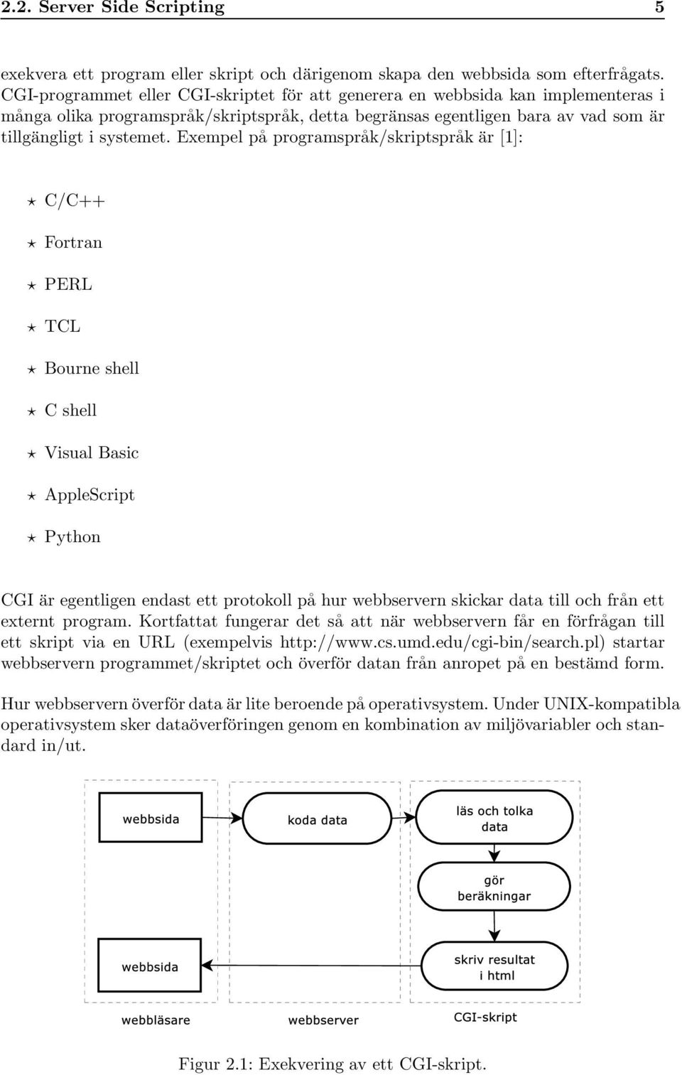 Exempel på programspråk/skriptspråk är [1]: C/C++ Fortran PERL TCL Bourne shell C shell Visual Basic AppleScript Python CGI är egentligen endast ett protokoll på hur webbservern skickar data till och