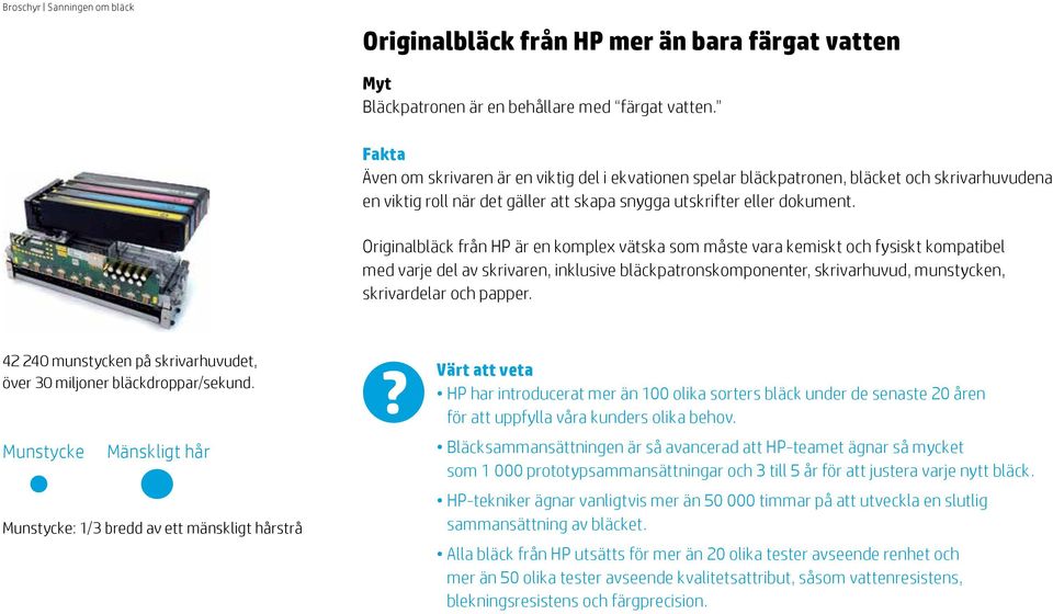 Originalbläck från HP är en komplex vätska som måste vara kemiskt och fysiskt kompatibel med varje del av skrivaren, inklusive bläckpatronskomponenter, skrivarhuvud, munstycken, skrivardelar och