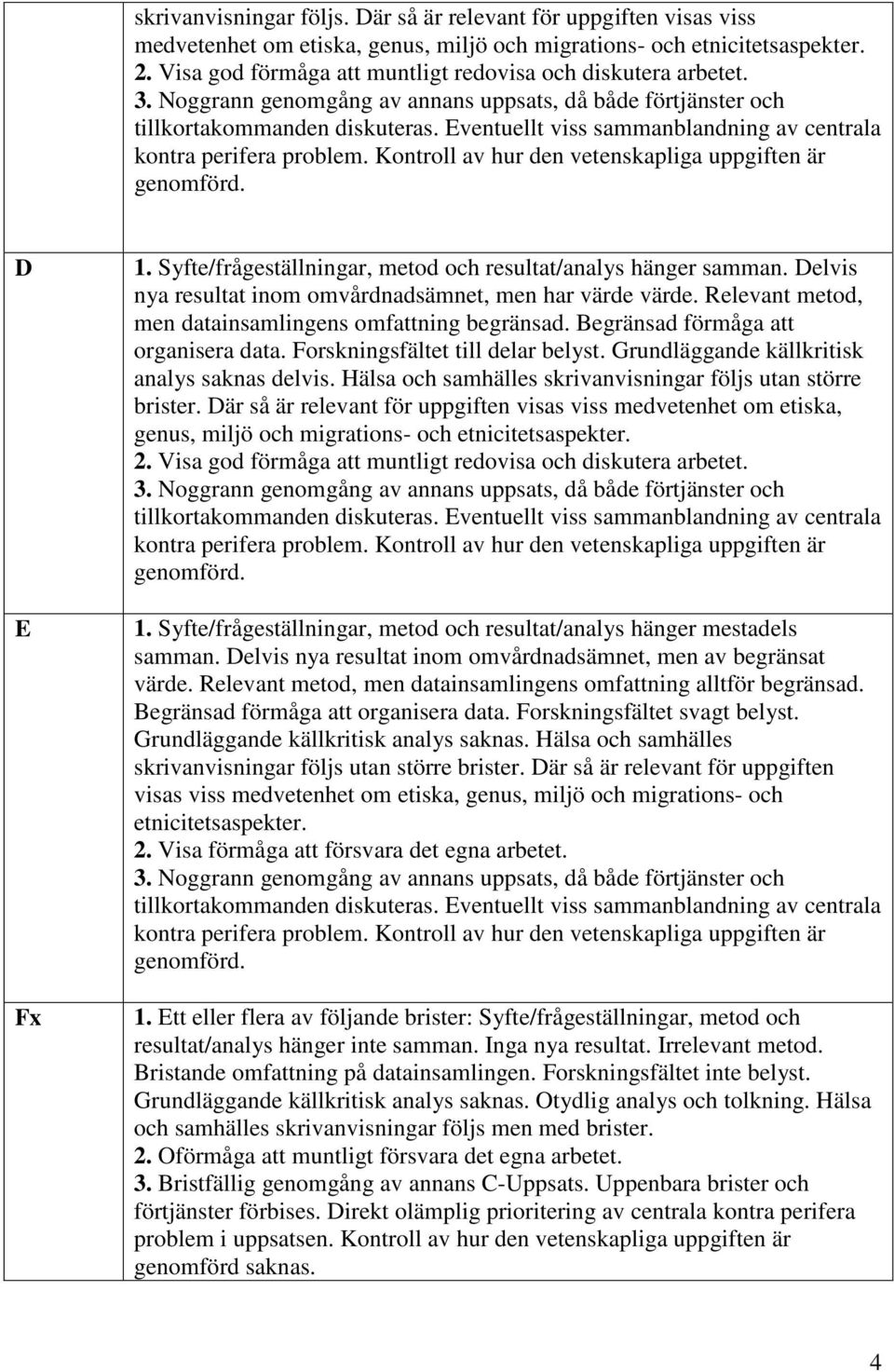 Eventuellt viss sammanblandning av centrala kontra perifera problem. Kontroll av hur den vetenskapliga uppgiften är genomförd. D E Fx 1.